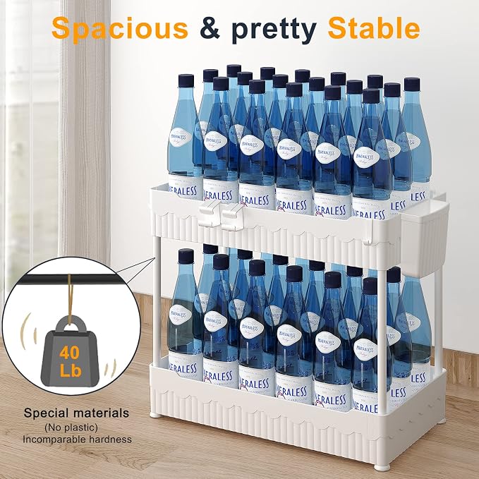 Sevenblue 2 Pack Under Sink Organizer, Under Bathroom Cabinet Organizer with Hooks Hanging Cup, Multi-Purpose Storage Shelf for Kitchen Bathroom (White, 12.8 Inch)
