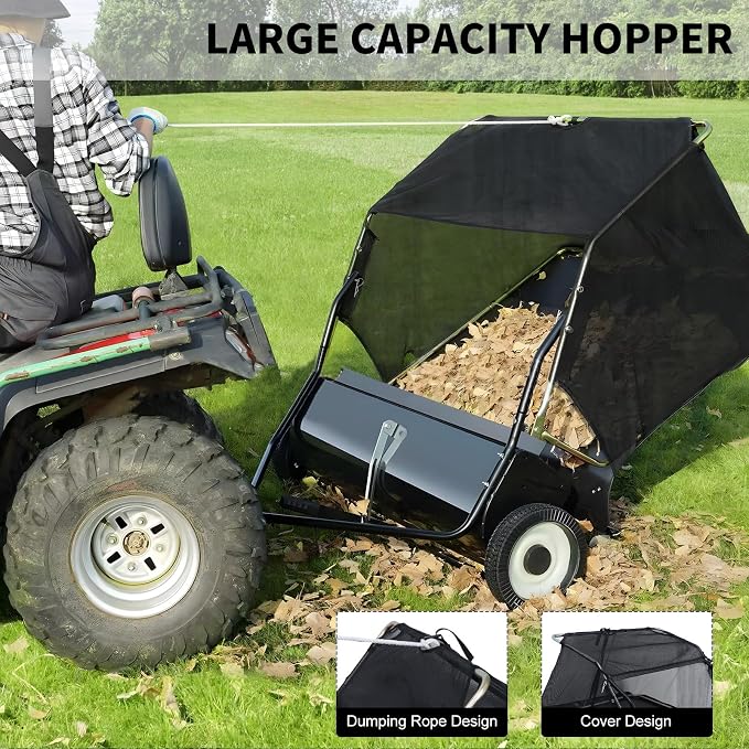 Pull Behind Lawn Sweeper with Dumping Rope, 44” Tow Behind Leaf Collector, Adjustable Height Yard Sweeper with Large Hopper, Easy Storage Folding Design for Garden Tractors Black