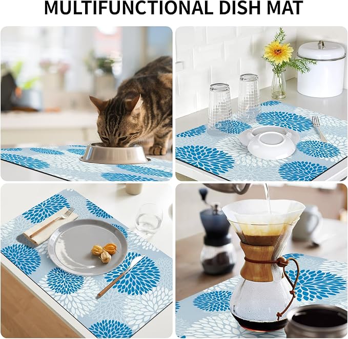 Dish Drying Mat, Dish Mat Drying Kitchen Mat with Rubber Backed, Hide Stain Kitchen Super Absorbent Draining Mat, Easy to Clean Dish Rack Pad for Dishes Countertop (Blue Floral, 16" x 24" )