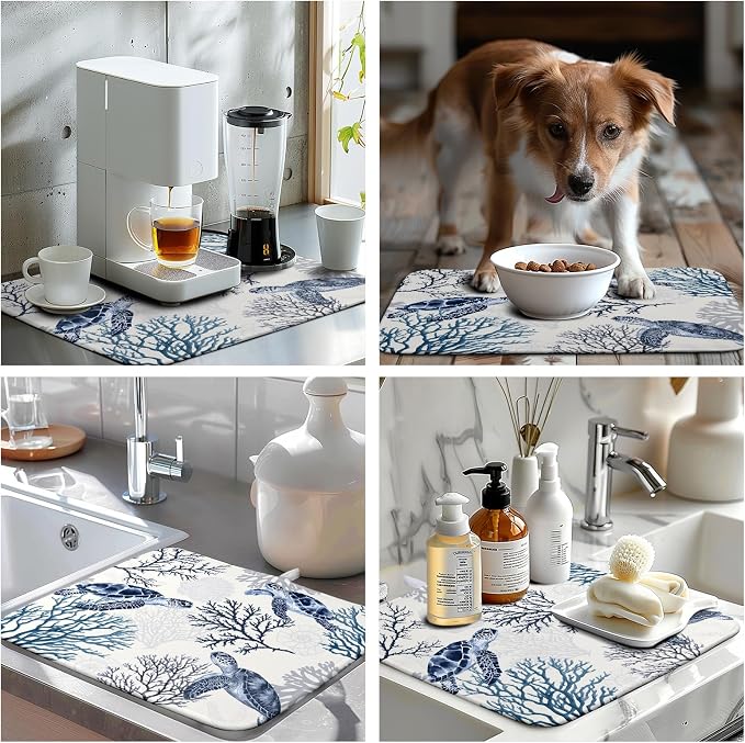 Nautical Coastal Dish Drying Mat Summer Beach Dish Pad for Kitchen Counter Ocean Coral Sea Turtle Absorbent Microfiber Dish Draining Reusable Washable Blue Dish Drainer Mat 16×18 Inch