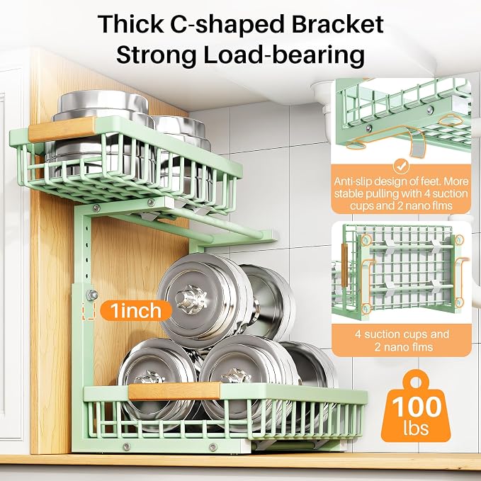 PXRACK Under Sink Organizer, Adjustable Height, 2 Tier Pull Out Under Cabinet Organizer, Slide Out Thickened Metal Under Sink Storage for Kitchen Bathroom Laundry Pantry Cabinet, Green, Large-2-Pack