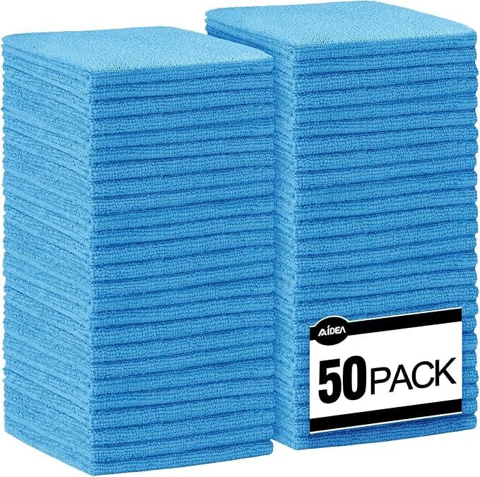 AIDEA Microfiber Cleaning Cloth Blue-50PK, Soft Absorbent Shop Rags, Microfiber Towels for Cars, Kitchen Towels, Dusting Cloth for Home, Window, Cleaning Supplies, 12"×12"