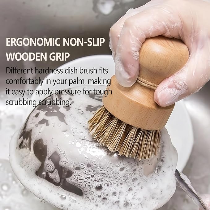 Dish Brush Set, Natural Fiber Kitchen Scrubber with Ergonomic Grip, Wooden Handle, 3 Pack