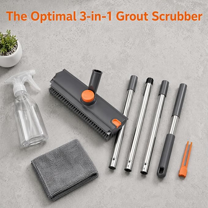 3-in-1 Floor Scrub Brush with Long Handle, Rotating Head Squeegee & Tweezer | Stiff Dual-side Bristle, 50'' Extension Pole, Stainless Steel, Multi-Surface for Shower Tile Patio Kitchen Deck Cleaning