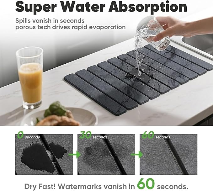 Stone Drying Mat for Kitchen Counter, Quick Diatomaceous Earth Mats for Dishes, 24"L x 16" W Super Absorbent Fast-Drying Collapsible Countertop Stone Mat (Marble Grey-04, 24" x 16")