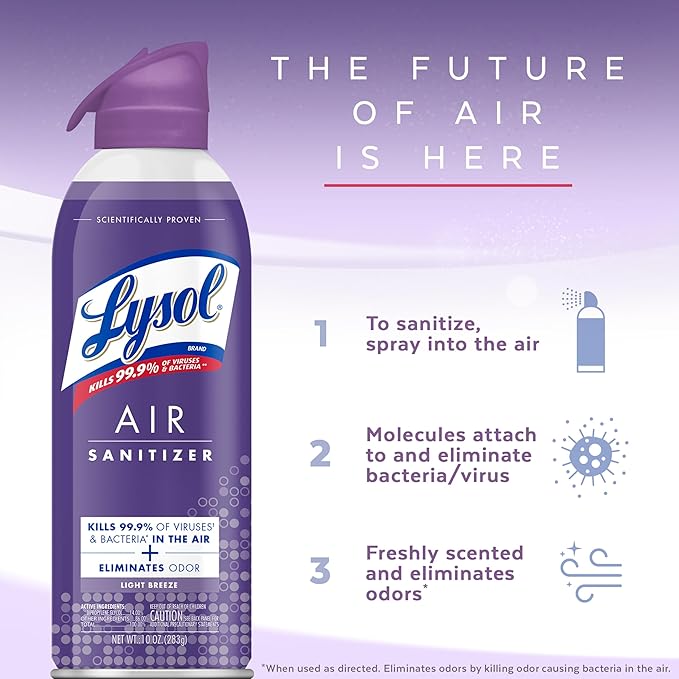 Lysol Air Sanitizer Spray with Bacterial Odor Eliminator for Home & Office, Sanitizing Air Spray, Air Freshener Alternative, Light Breeze Scent, 10 oz (Pack of 3)
