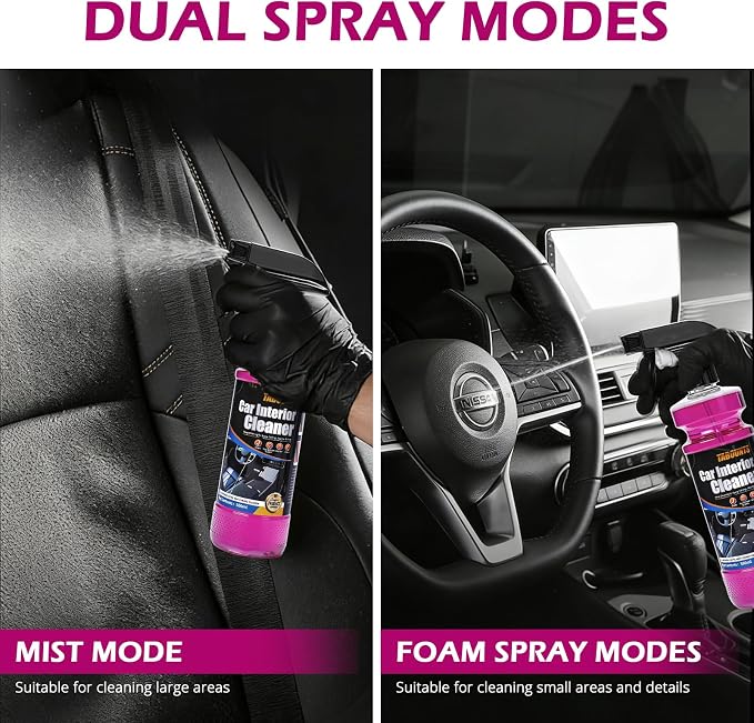 Car Interior Cleaner –Polishing Cleaner-Multi-Surface Auto Detailing for Leather, Glass, Dashboards & More – Dual-Mode Foam & Mist Spray (17oz) with Cleaning Towel