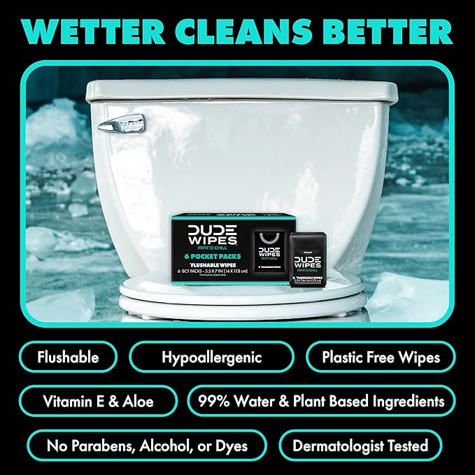 DUDE Wipes Mint Chill Pocket Packs - Travel Wipes - 6 Packs of 8 (48 Count) - On-The-Go Adult Flushable Wipes - Infused with Tea Tree Oil, Vitamin E, and Aloe - Septic and Sewer Safe