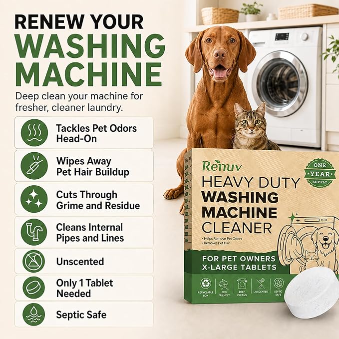Renuv® Heavy Duty Washing Machine Cleaner For Pet Owners, 12 XL Tablets | For Dog & Cat Hair, Removes Stink, Odor, Residue, Grime, Front Load or Top Load Washer, HE and Septic Safe, 1 Year Supply