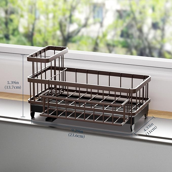 Consumest Sponge Holder for Kitchen Sink - Auto Draining Sink Caddy Organizer with Detachable Rack, High Brush Holder, Kitchen Countertop Storage Accessories, Bronze