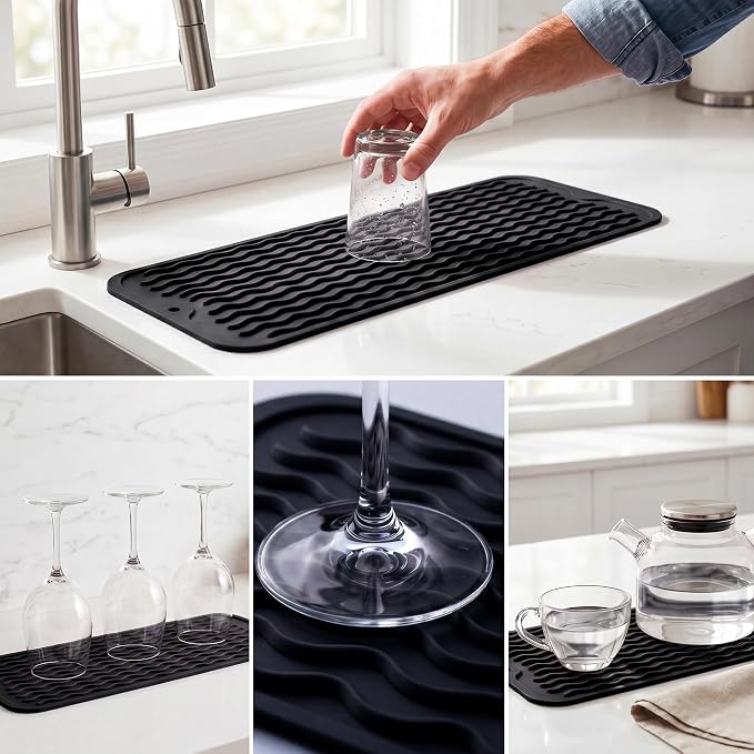 MicoYang Silicone Dish Drying Mat for Multiple Usage,Easy clean,Eco-friendly,Heat-resistant Silicone Mat for Kitchen Counter,Sink,Bar,Bottle,or Cup Black M 17 inches x 6 inches