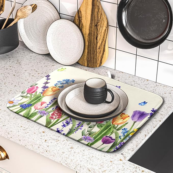 Spring Summer Colorful Flower Dish Drying Mat 16x18 Inch Spring Wildflowers Kitchen Pad Botanical Floral Drainer Rack Mats Absorbent Fast Dry Microfiber Dish Drying Pad for Countertop Table Decoration