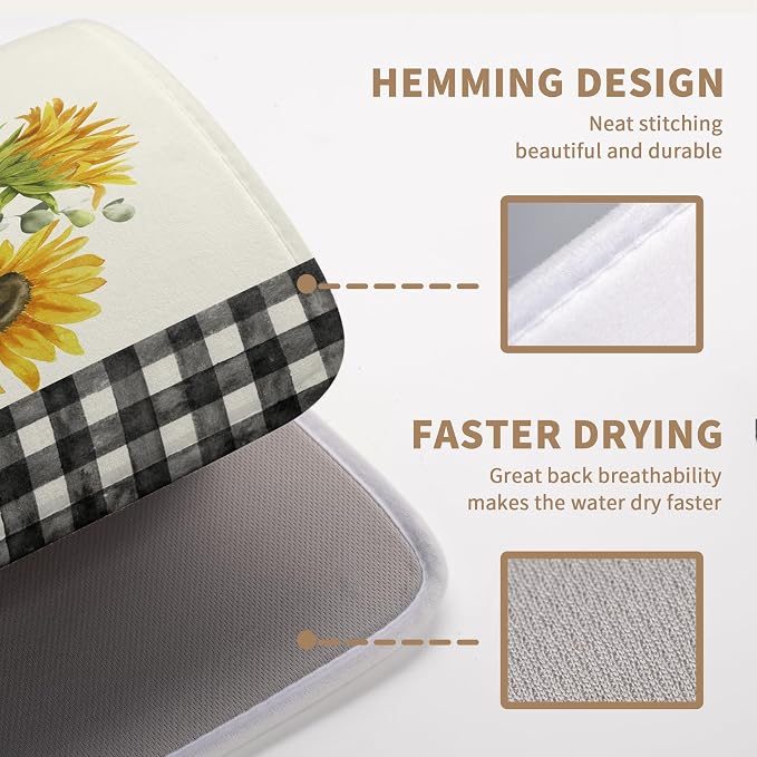 Summer Sunflower Dish Drying Mats for Kitchen Counter Spring Sunshine Kitchen Dishes Dryer Pad Flowers Absorbent Dish Mat Microfiber Washable Foldable Reusable Large 18x24 in