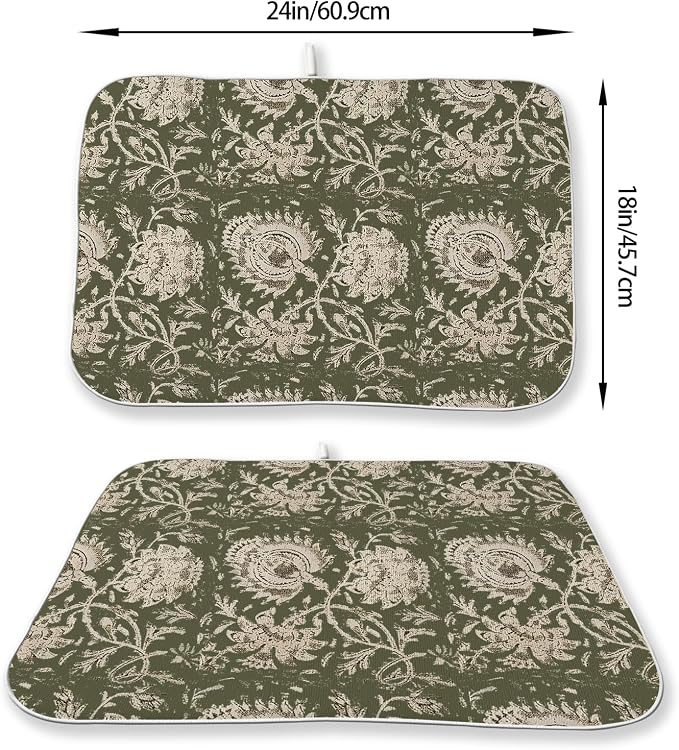 Green Dish Drying Mat 18 x 24 Inch Vintage Olive Green Floral Drying Mat for Kitchen Counter Absorbent Neutral Modern Boho Block Print Floral Dishes Dry Pad for Drainer Rack Kitchen Fast Dry