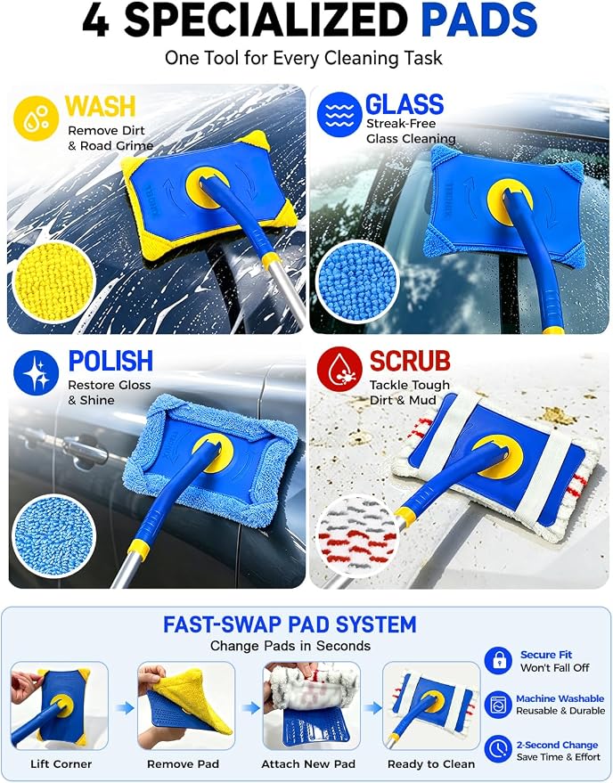 XINDELL Long Reach Windshield Cleaner Tool, 28"-44.5" Extendable Car Glass Cleaner with Curved Pole & Pivot Head, Inside Windshield Cleaner for SUV Truck RV, 4 Microfiber Pads | Curved Pole Pivot Head