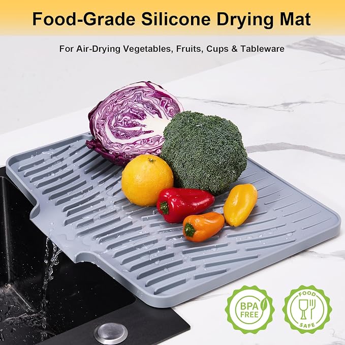Silicone Dish Drying Mat for Kitchen Counter,Non-Slip Dish Drying Pad with Drain Lip,Heat Resistant Sink drying Mat for Dishes,Large Rubber dish drain mat dish rack mat (Grey,15.8"x13")