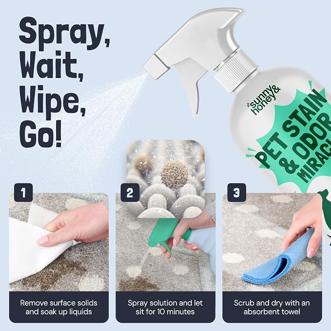 Sunny & Honey Pet Stain and Odor Remover Spray for Carpets, 32floz Mint | USA Made - Enzyme Cleaner for Dog Urine & Poop - Eliminates Set In Stains - Color Safe - For Rugs, Furniture & Car Seats