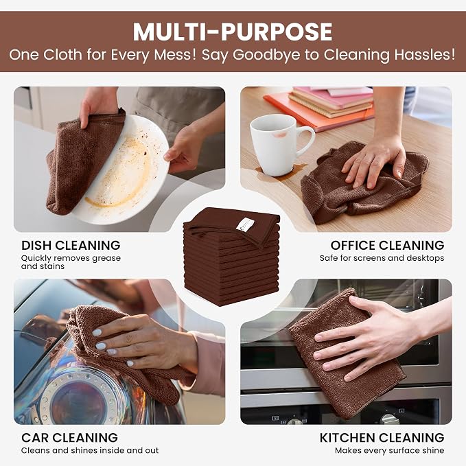SIFANGKE Microfiber Cleaning Cloth, 12 Pack Brown Cleaning Rags for Housekeeping, Reusable Microfiber Towels for Car, Kitchen, Bathroom and Household Cleaning Supplies, 11.8"X11.8"