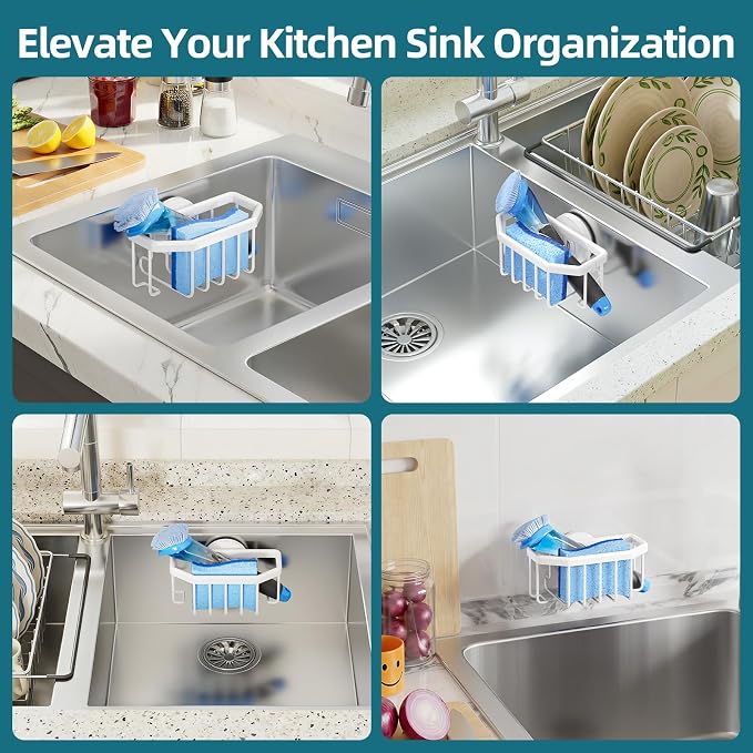 TAILI Sink Caddy with Strong Suction Cup, Sponge Holder for Kitchen Sink Organizer, Removable Sponge Caddy Inside Sink, Rustproof Aluminum Holder for Sponges, Brushes - White