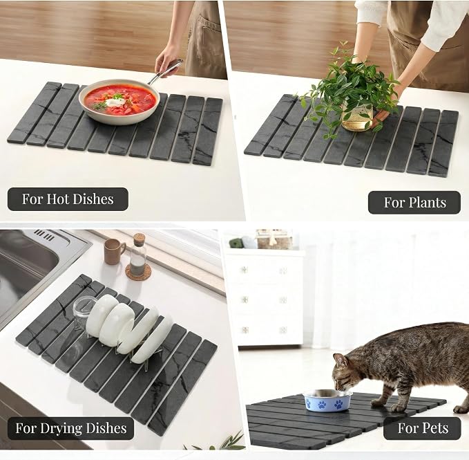 Diatomaceous Stone Dish Drying Mat with Collapsible Steel Rack - Quick Dry Kitchen Counter Set, Space Saving Foldable Dryer (Gray Marble, 23.6" x 15.3")