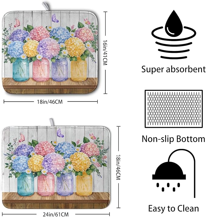 Hydrangea Dish Drying Mat for Kitchen Counter Spring Summer Floral Vases dish mat Microfiber Absorbent Dish Drainer Pad Rustic Farmhouse Floral Wooden Board Dish Draining Mats 16x18 Inch