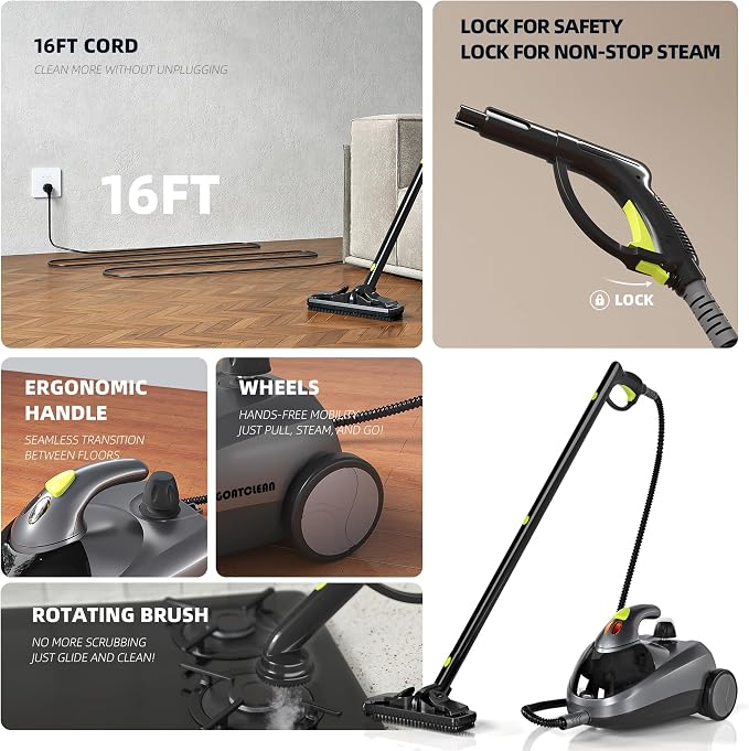 Heavy-Duty Steam Cleaner for Home, 1500W High Pressure | Multipurpose Steamer for Cleaning with 22 Accessories for Tile, Grout, Hardwood Floors, Bathroom, Kitchen & Car Detailing