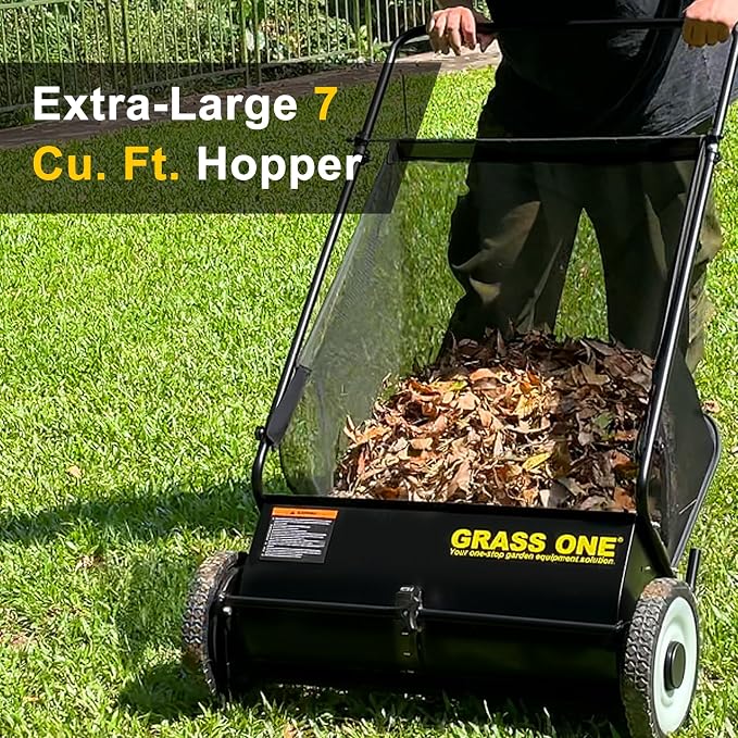 26 Inch Push Lawn Sweeper with 7 Cu.Ft Collection Bag | Yard Sweeper With 4 Spinning PP Brushes, Durable Steel Frame, Adjustable Height And Rubber Tires For Easy Yard Cleanup.