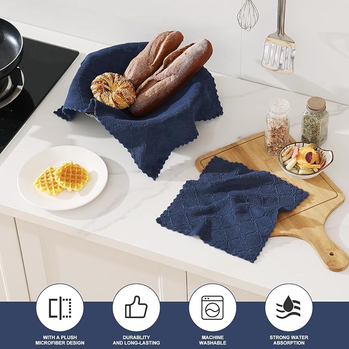 Homaxy Kitchen Towels and Dishcloths Set, 10 x 10 and 13 x 19 Inches, Set of 12 Super Soft and Absorbent Coral Velvet Kitchen Towels, No Lint and Nonstick Oil Fast Drying Dish Towel, Navy Blue