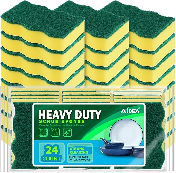 AIDEA Sponges Kitchen, 24 Pack Heavy Duty Dish Sponge, Cleaning Dish Scrubber Sponge for Home and Kitchen, Stink-Free Cleaning Supplies for Pots, Pans