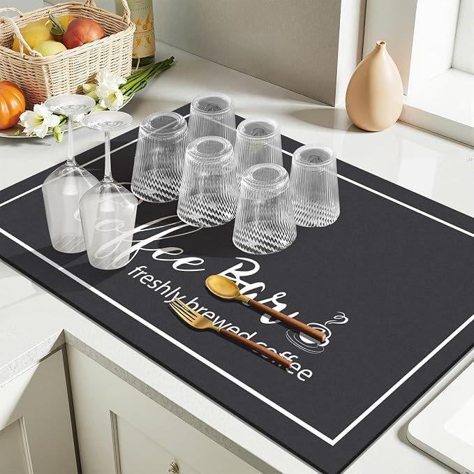 Findosom Dish Drying Mat, 18" x 24" Super Absorbent & Hide Stain Coffee Mat, Cuttable Drying Mat for Kitchen Counter, Coffee Bar Accessories, Under Dish Rack, Coffee Maker, Espresso Machine, Black