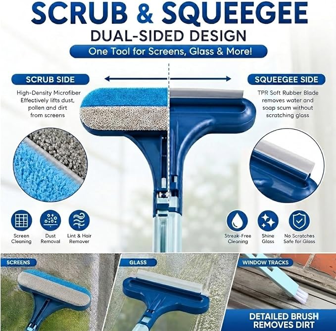Window Screen Cleaner Brush, 3-in-1 Mesh Screen Cleaning Brush with Squeegee and Detachable Long Handle, Professional Soot and Dust Remover for Window, Patio, Door, Multi-Purpose Home Cleaning Kit