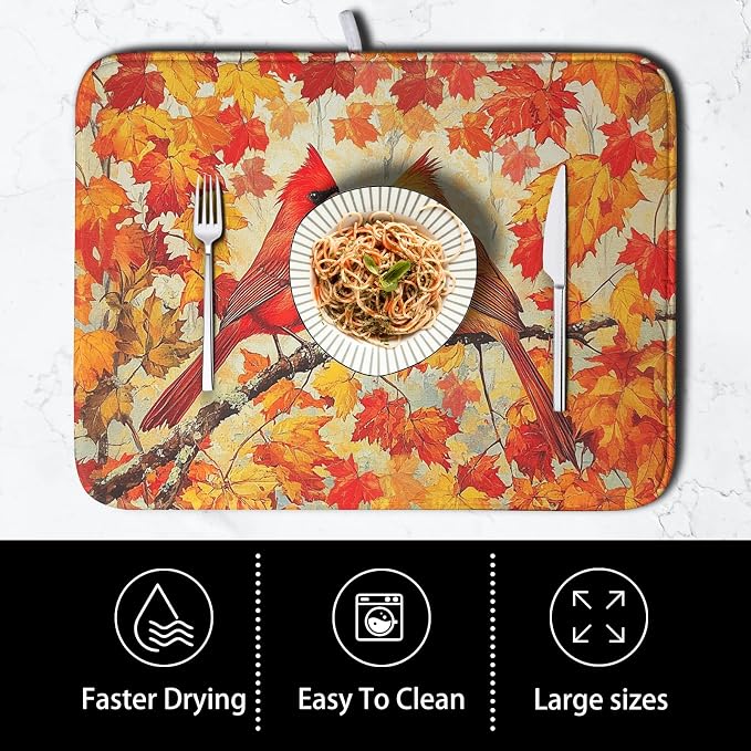 Fall Dish Drying Mats for Kitchen Counter Maple Leaf Cardinal Birds Dish Draining Mat 16x18 Inch Autumn Thanksgiving Dish Rack Mat Microfiber Absorbent Dish Drainer Pad