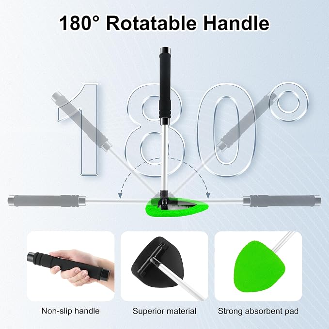 JUSTTOP Windshield Cleaner Tool, Car Interior and Exterior Window Cleaning Kit with Extendable Handle & 4 Reusable Microfiber Pads, Auto Glass Wiper Brush Kit for Car & Home Windows (Green)