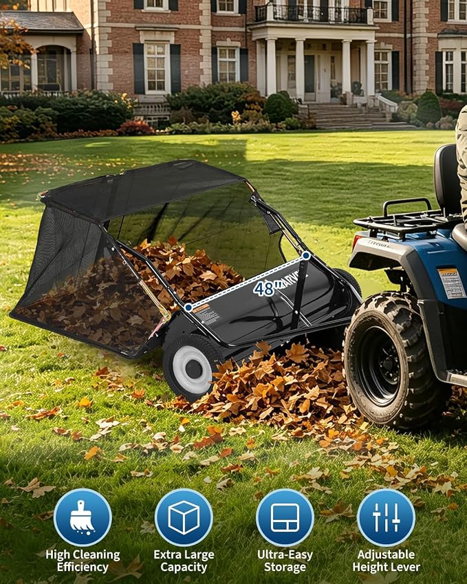 Garvee Tow Behind Lawn Sweeper 48 Inch, Heavy Duty Leaf & Grass Collector | Yard Sweeper Pull Behind,16 cu.ft. Leaf Collector,Tool-Free Adjustable Brush Height,Dumping Rope for Yard,Driveway,Sidewalk