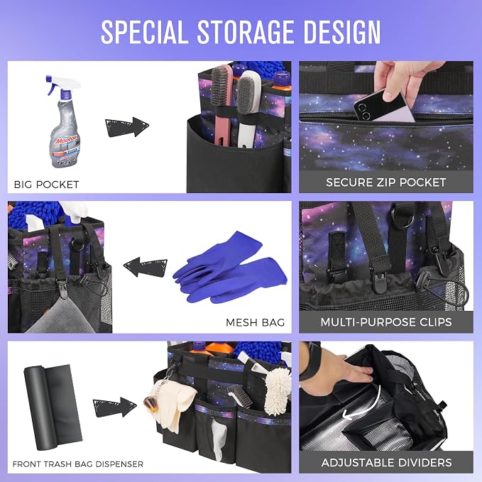 SCAVATA Wearable Cleaning Caddy, Cleaning Caddy Supplies Organizer with Handle & Shoulder Straps for Housekeepers, Under Sink & Car Cleaning Tool Organizers Bag with 4 Foldable Divider (StarrySky)