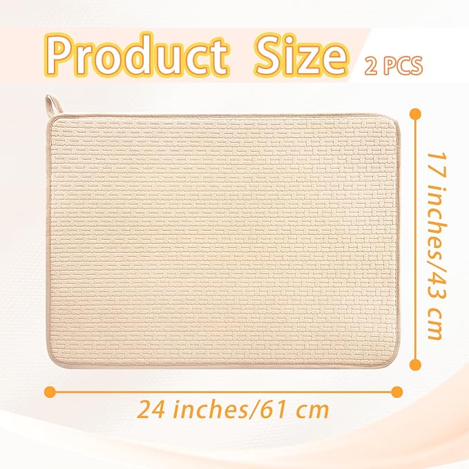 2 Pcs XXL Dish Drying Mats,Absorbent Microfiber Drainer Mat,Large Size 24×17" Pads for Kitchen Counter,Coffee,Rack,Under Sink(Beige)