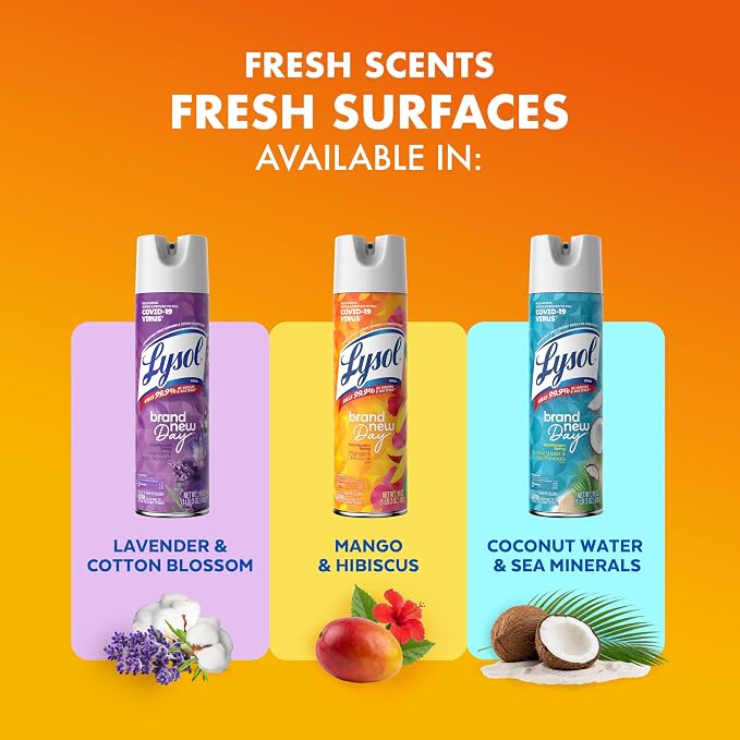 Lysol Disinfectant Spray, Household Cleaning Supplies, Disinfecting Multi-Purpose Room Spray, Antibacterial Sanitizer, Deodorizer, Kills Hantavirus, Crisp Linen + Mango & Hibiscus, 19 Fl Oz, 3-Pack