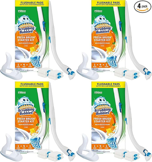 Scrubbing Bubbles Toilet Bowl Brush and Holder with Cleaner Refill Pads, Fresh Brush Toilet Wand Starter Kit, Cleans Limescale & Fights Odors, Citrus Scent, 1 Wand + 4 Refills + 1 Stand (Pack of 4)