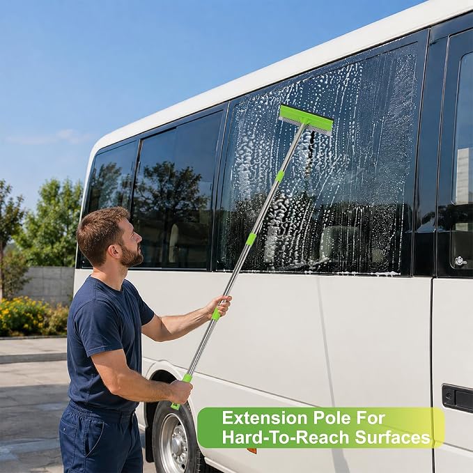 2 in 1 Window Squeegee with 55" Long Stainless Steel Handle,Sponge Car Squeegee for Home,Gas Station,Glass,Shower,Outdoor High Window Cleaning