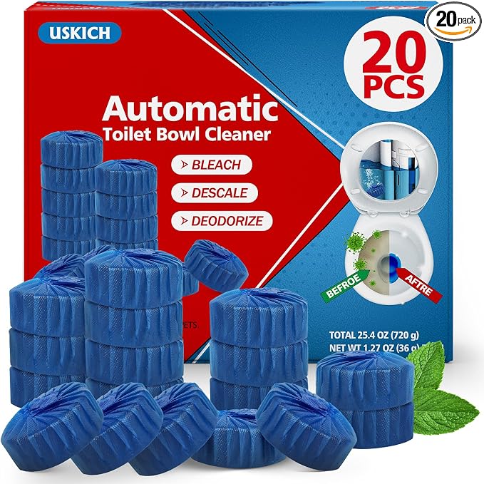 USKICH 20 Pack Toilet Bowl Cleaner Tablets,Blue Automatic Toilet Tank Cleaners, Long-Lasting Household Toilet Cleaners,Toilet flush Cleaning & Deodorizer