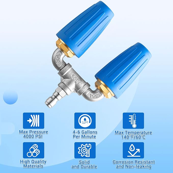 Dual Turbo Nozzle Pressure Washer, 1/4" Quick Connector, 4000 PSI | Twin 360° rotating spray for hard surfaces; 2.0 orifice, 4-6 GPM, 140°F/60°C