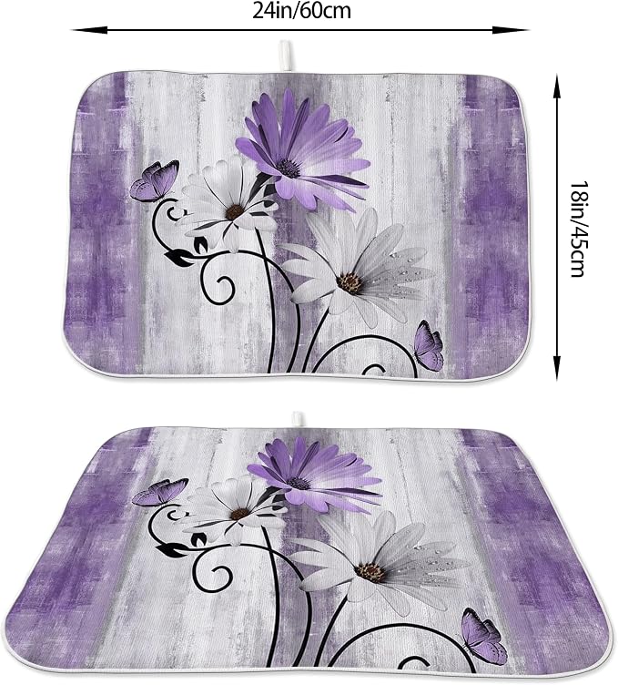 Floral Dish Drying Mat 18x24 Inches For Kitchen Counter Purple Daisy Flower Kitchen Decoration Drying Mat Modern Decorative Drying Pad For Home Kitchen Decor,Dining Room,Office Decor