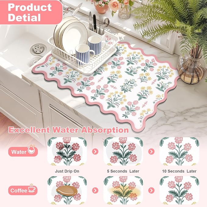 LOKHOM Scalloped Floral Dish Drying Mat, 12"x20" Super Absorbent Coffee Mat with Unique Pink Pastoral Floral, Cuttable Hide Stain Non-slip Drying Mat for Kitchen Counter Coffee Maker Espresso Machine