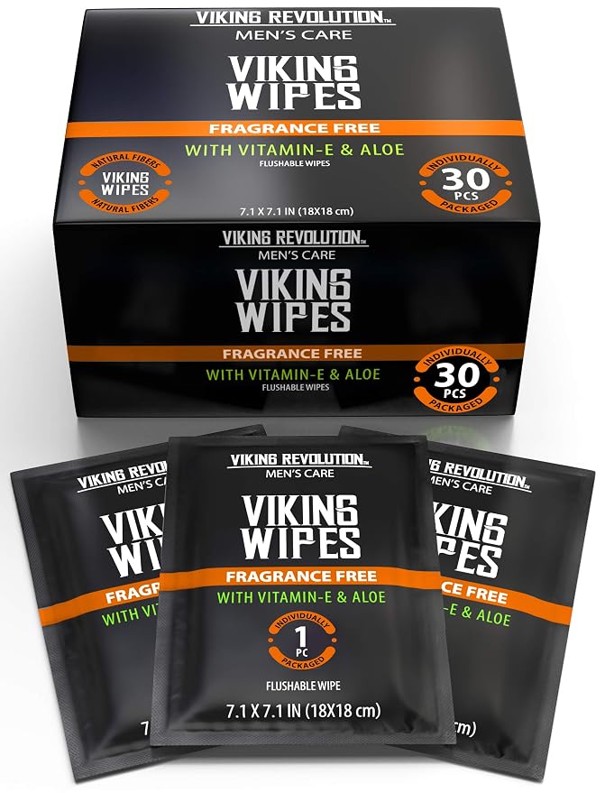 Viking Revolution Flushable Wet Wipes for Adults Unscented - 30 Individually Wrapped Travel Wipes - Disposable Toilet Wipes with Vitamin E and Aloe