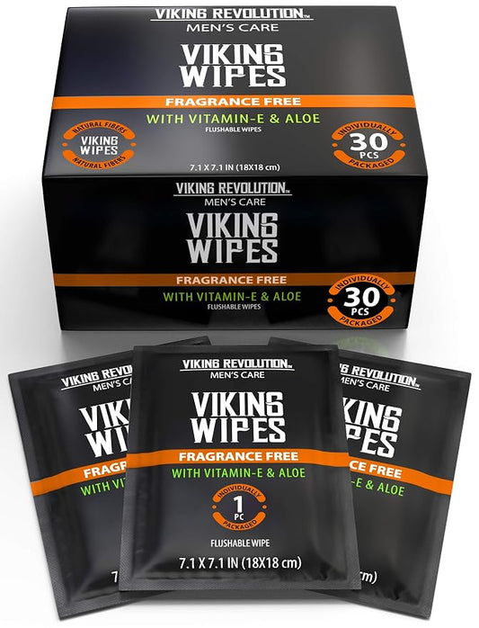 Viking Revolution Flushable Wet Wipes for Adults Unscented - 30 Individually Wrapped Travel Wipes - Disposable Toilet Wipes with Vitamin E and Aloe