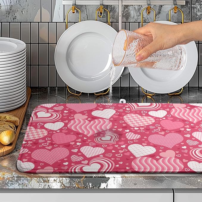 Red Heart Valentine Dish Dry Mat - 18x24 Inch Absorbent Reversible Dish Pad for Kitchen Counter