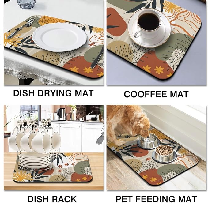 Dish Drying Mat 2-Pack in Boho Abstract for Kitchen Counter Dishes Mat | Diatom Mud Mats (18x24, 19.5x12"). Non-slip rubber back for kitchen counter, coffee bar & sink scenes