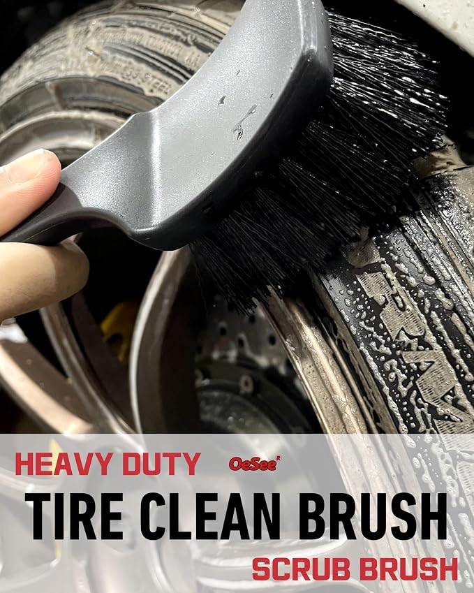 oesee Professional 4 Pack Long Handle Wheel Brush Kit for Cleaning Wheel and Tire- 2X Soft Wheel Cleaning Brush, Detailing Brush and Stiff Tire Brush, Bendable& Durable Wheel Rim Cleaner Brush Set