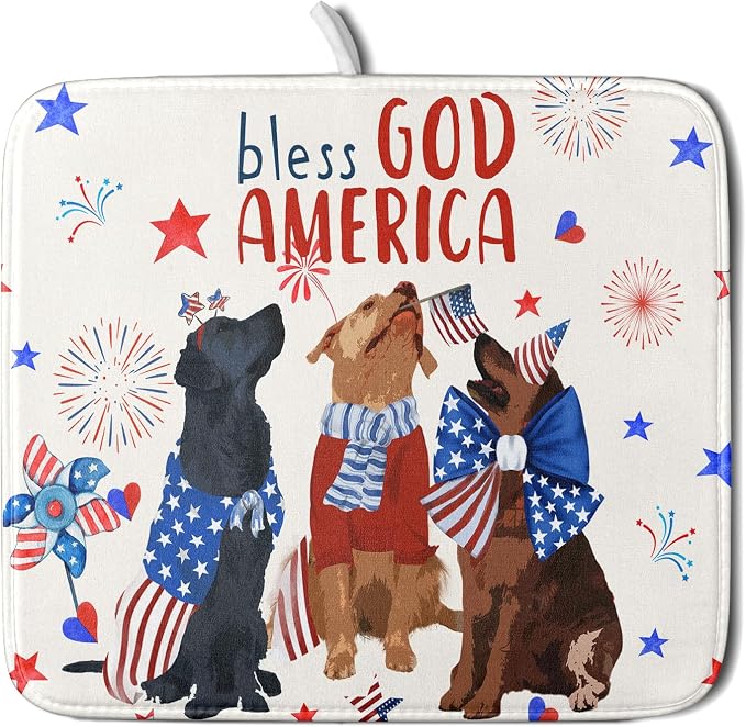 Giwawa 4th of July Patriotic Dogs Dish Drying Mat American Independence Day Dish Dry Pad 16"x18" Absorbent Dishes Drainer Mat for Kitchen Counter