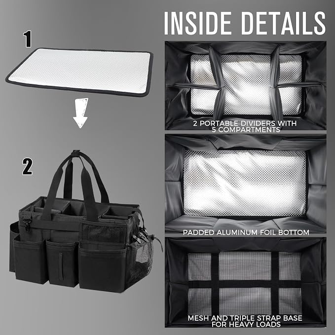 SCAVATA Wearable Cleaning Caddy Organizer with Handle & Shoulder Straps for Housekeepers, Under Sink & Car Cleaning Tool Organizer Bag with 4 Foldable Dividers (Black)